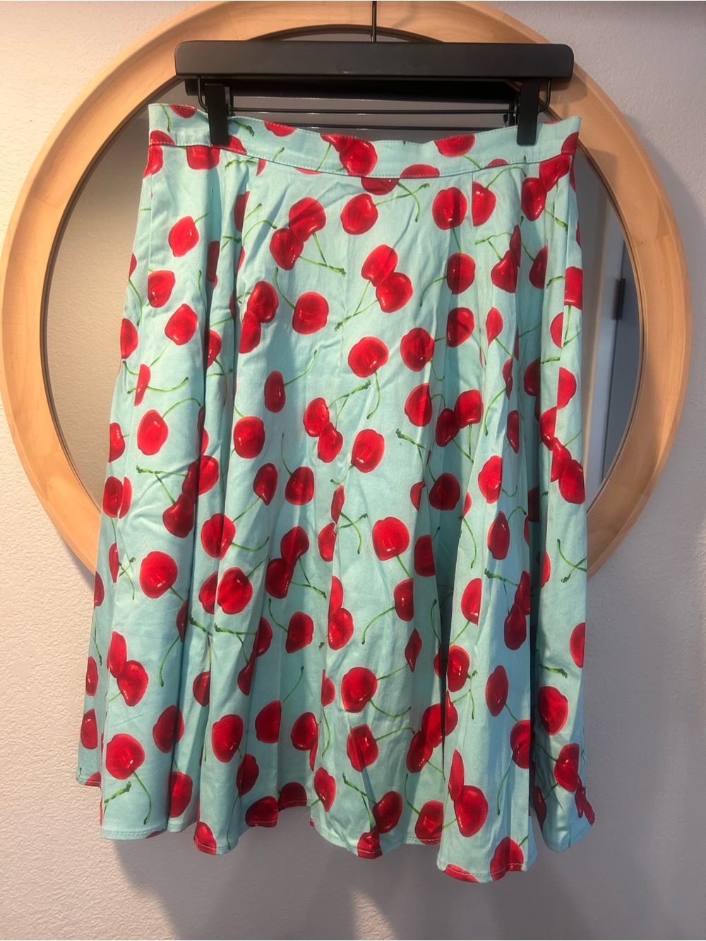 Cherry-Print Circle Skirt in Mint and Red